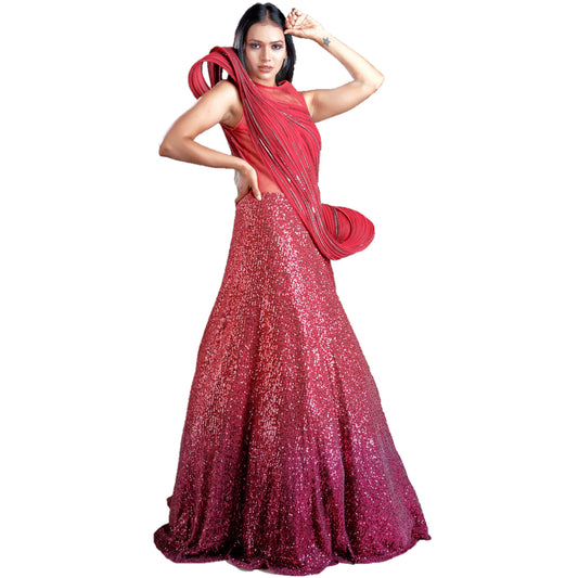 Maharani's Designer Ball (Princess) Gown - Wine color with Glittering Heavy Sequins Work