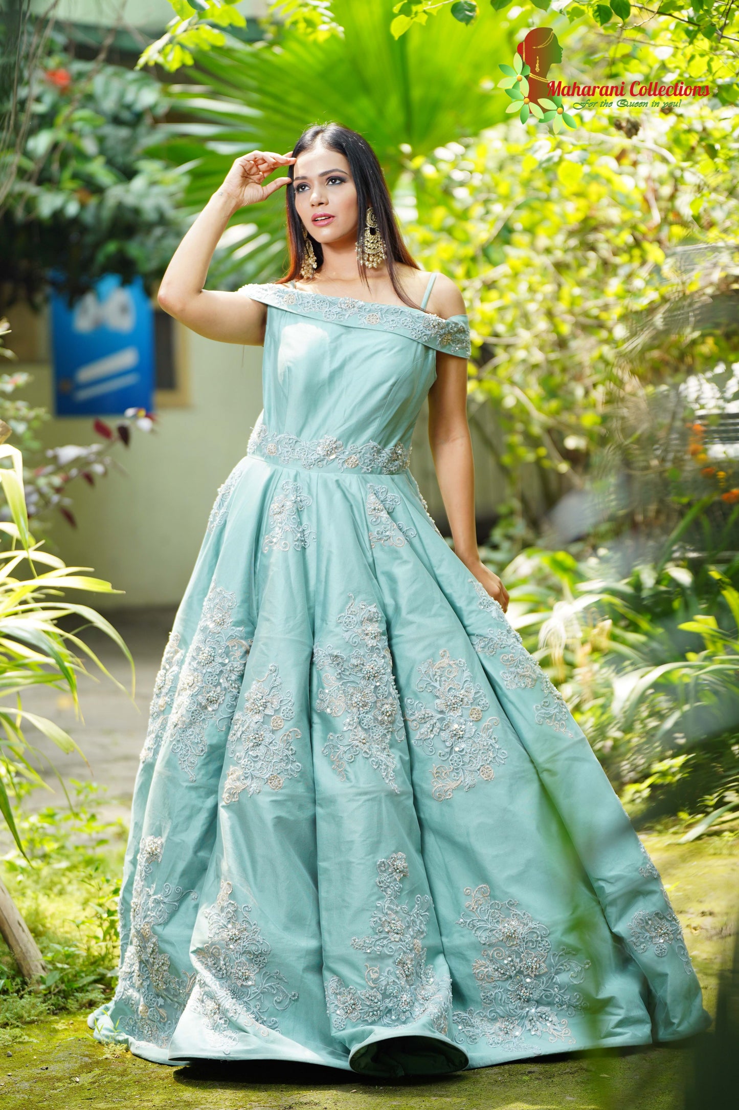 Designer Ball (Princess) Gown - Sea Green with Pearl and Sequins Work