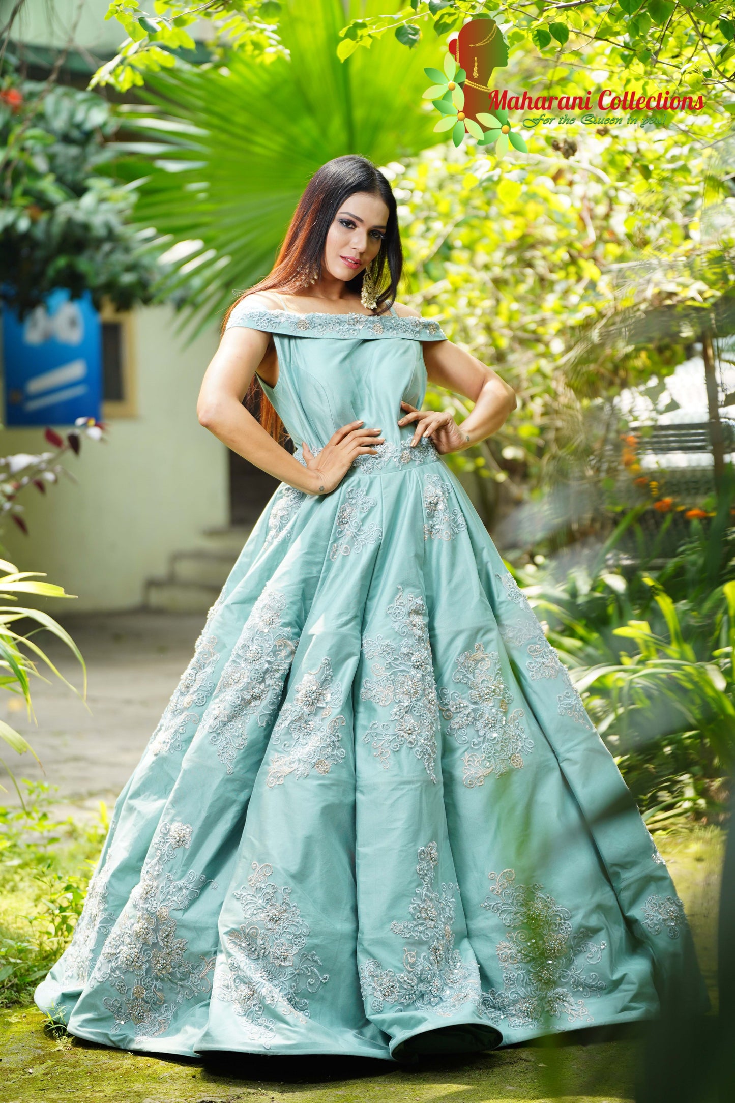 Designer Ball (Princess) Gown - Sea Green with Pearl and Sequins Work