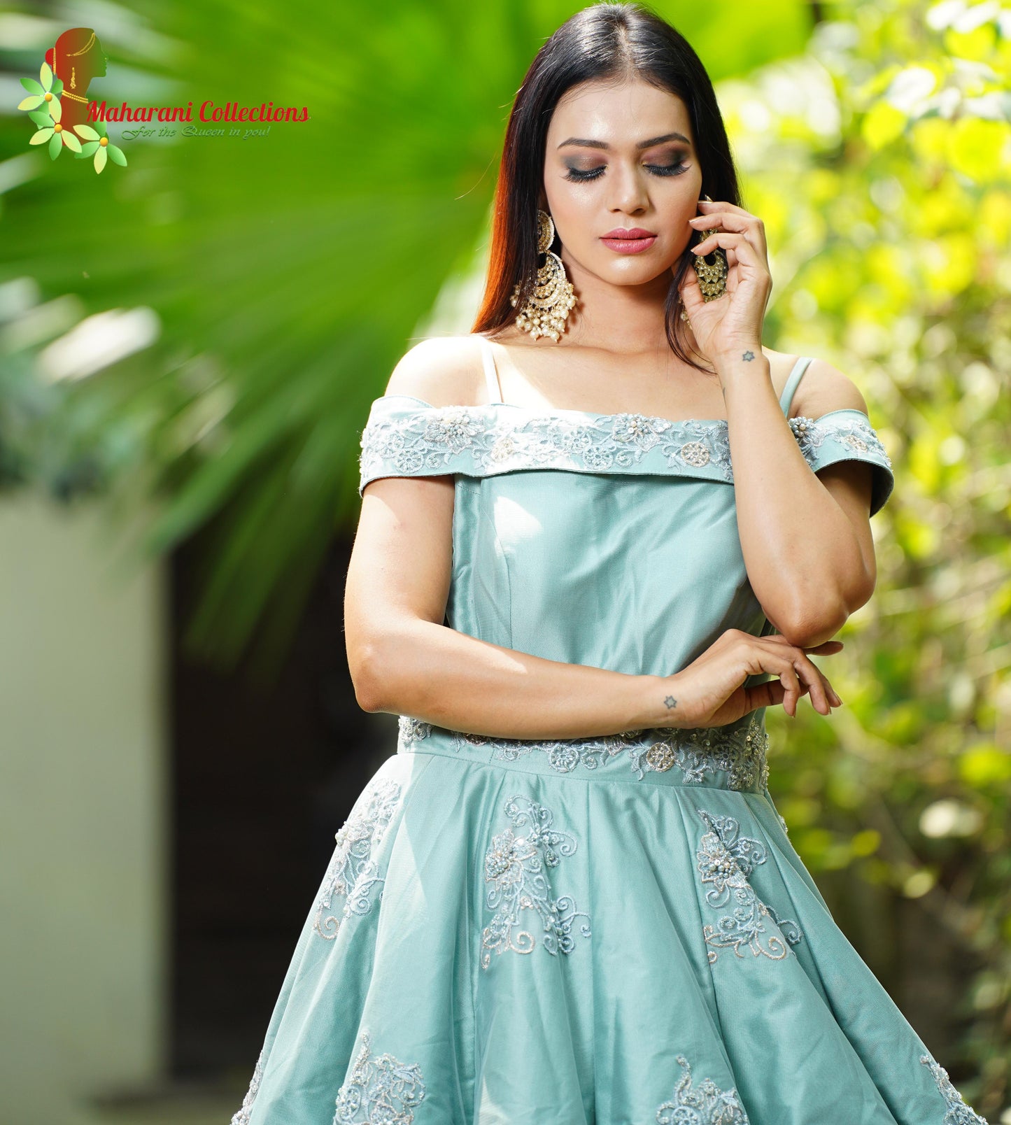 Designer Ball (Princess) Gown - Sea Green with Pearl and Sequins Work