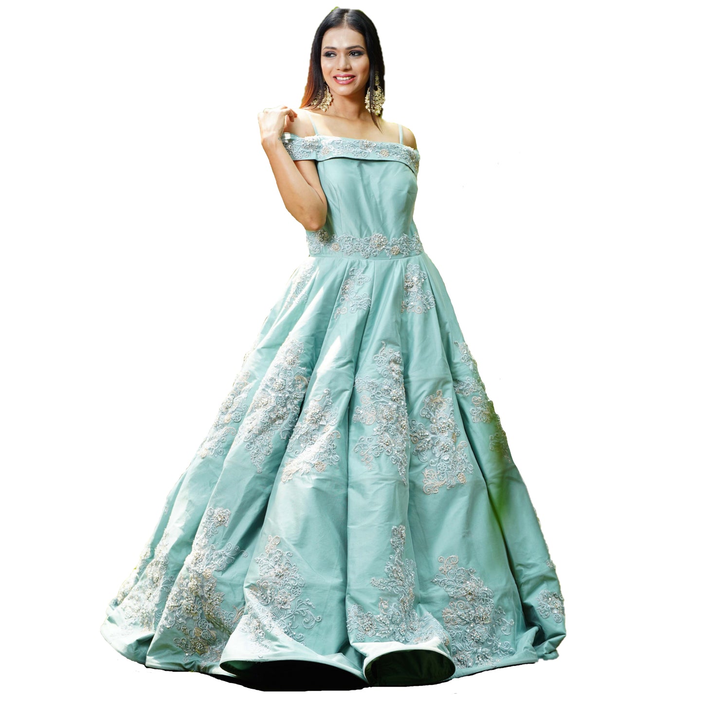 Designer Ball (Princess) Gown - Sea Green with Pearl and Sequins Work