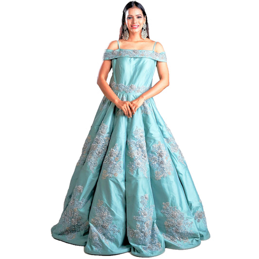 Designer Ball (Princess) Gown - Sea Green with Pearl and Sequins Work