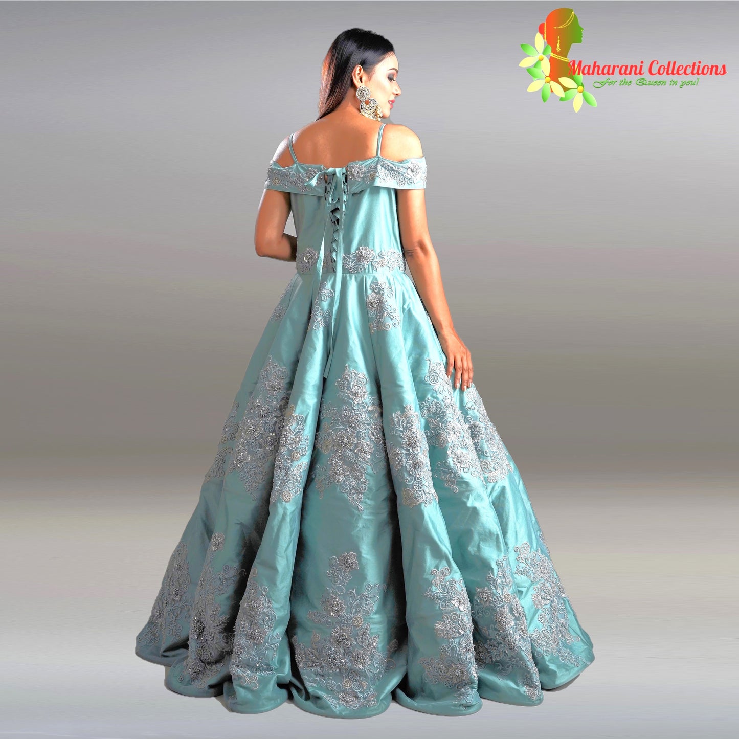 Designer Ball (Princess) Gown - Sea Green with Pearl and Sequins Work