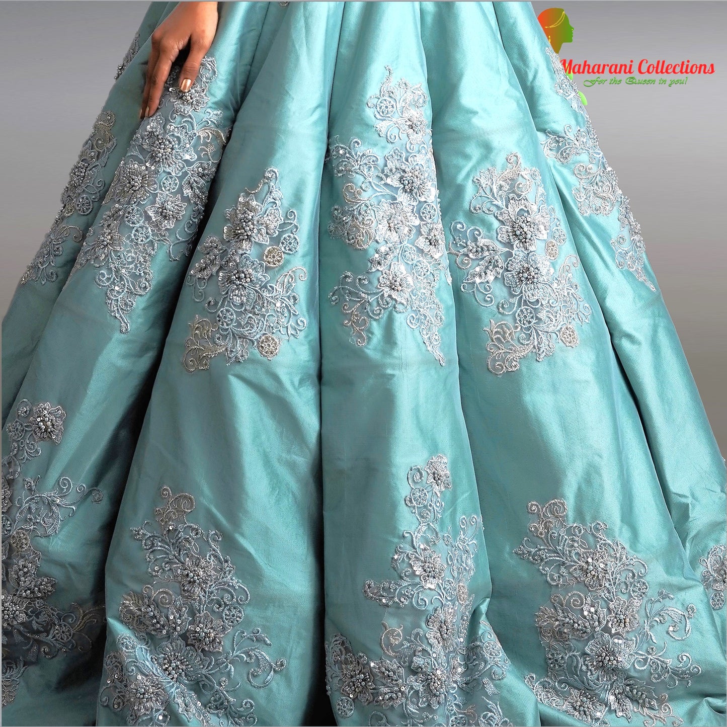 Designer Ball (Princess) Gown - Sea Green with Pearl and Sequins Work
