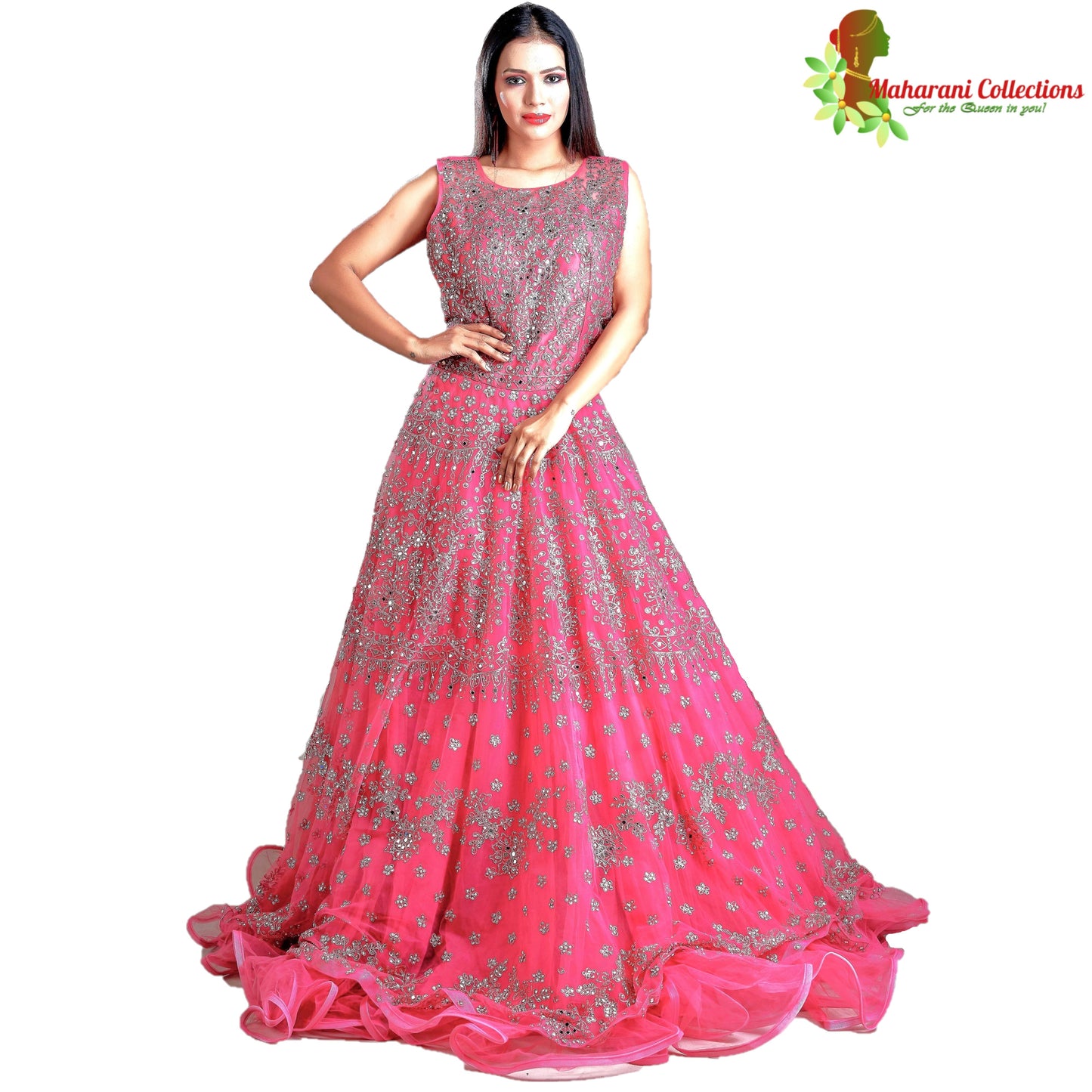 Maharani's Designer Ball (Princess) Gown - Solid Pink with Net, Beads, Sequins and Thread Work