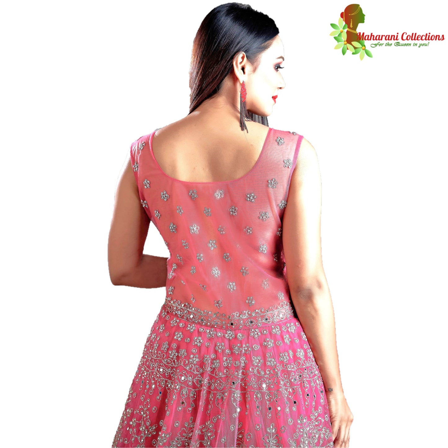 Maharani's Designer Ball (Princess) Gown - Solid Pink with Net, Beads, Sequins and Thread Work