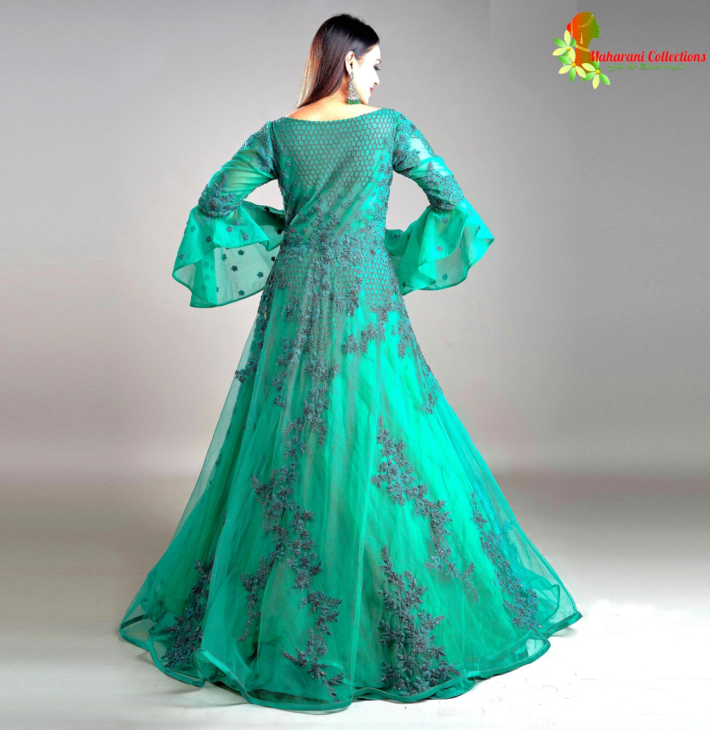 Maharani's Designer Ball (Princess) Gown - Dark Green with Net, Beads, Sequins and Thread Work