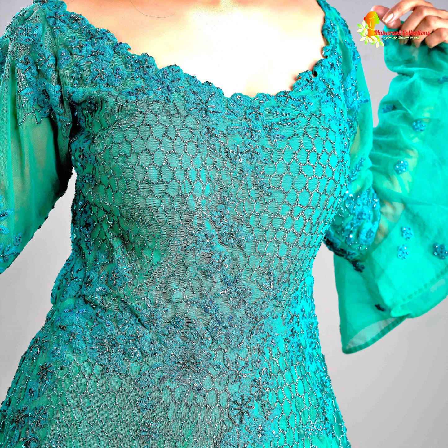 Maharani's Designer Ball (Princess) Gown - Dark Green with Net, Beads, Sequins and Thread Work