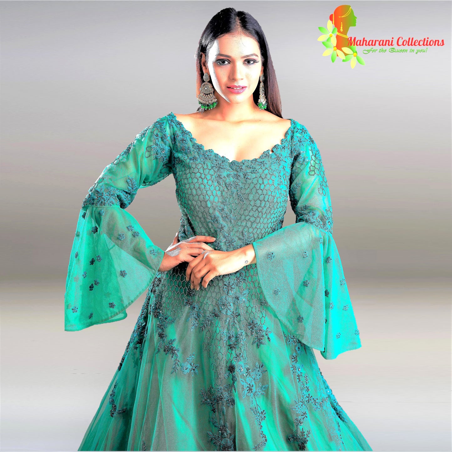 Maharani's Designer Ball (Princess) Gown - Dark Green with Net, Beads, Sequins and Thread Work