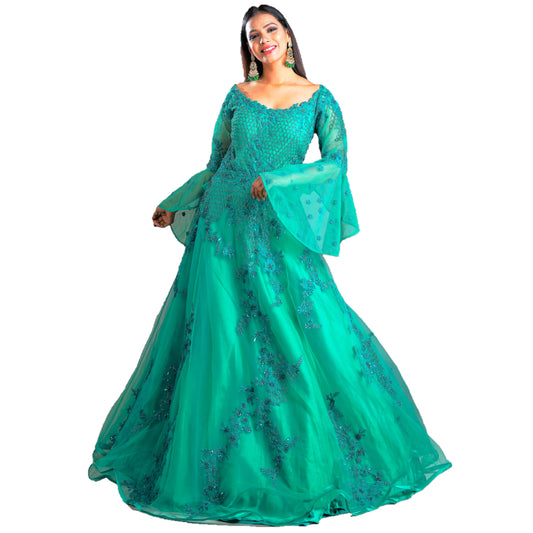 Maharani's Designer Ball (Princess) Gown - Dark Green with Net, Beads, Sequins and Thread Work