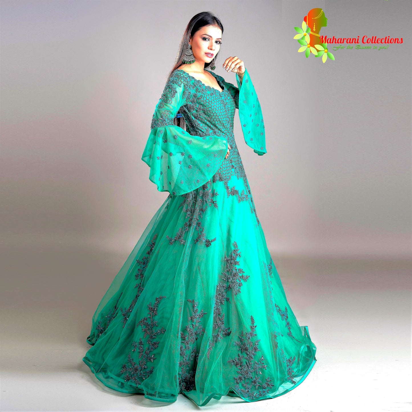 Maharani's Designer Ball (Princess) Gown - Dark Green with Net, Beads, Sequins and Thread Work