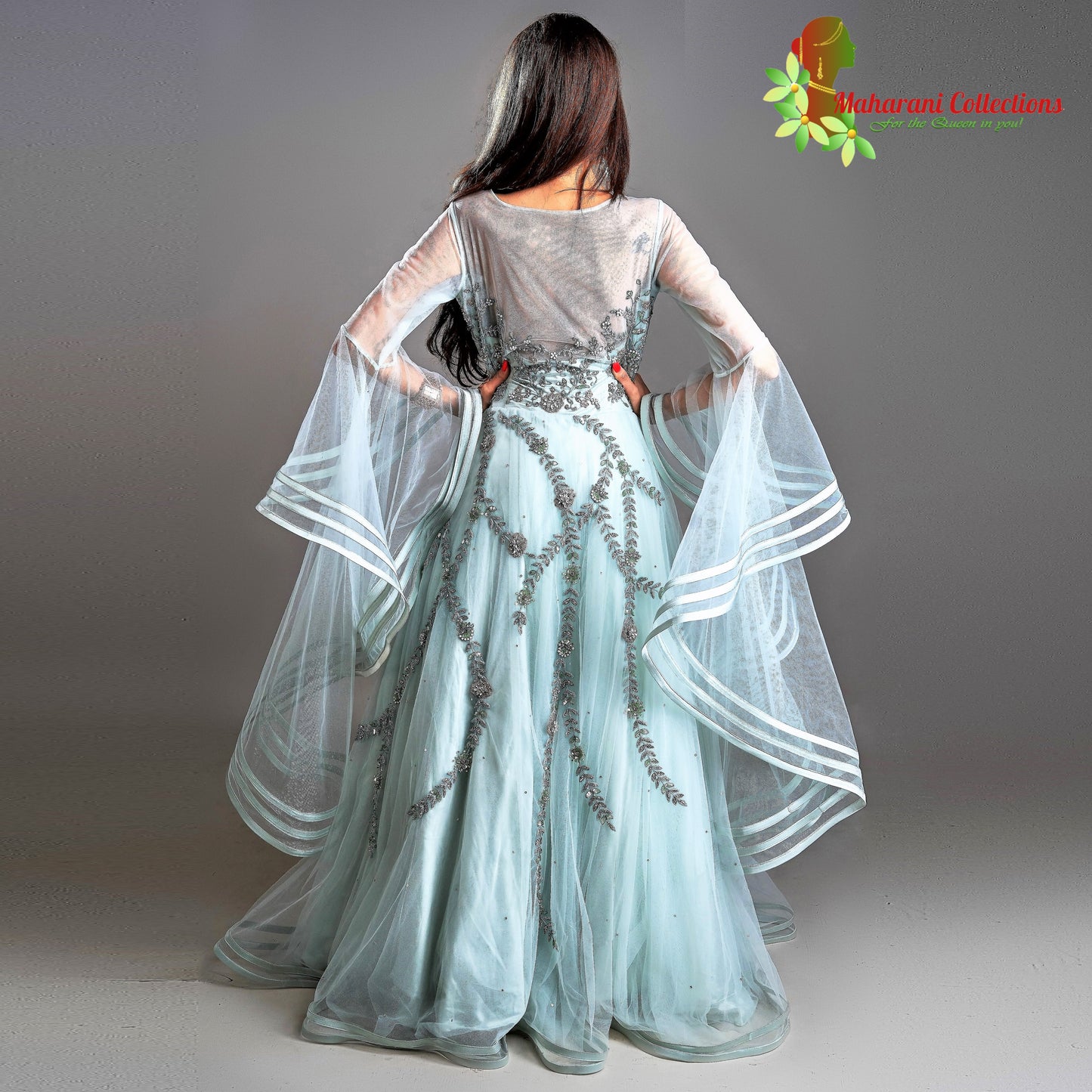 Designer Ball (Princess) Gown - Light Sea Green with Net, Beads, Sequins and Thread Work