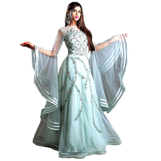 Designer Ball (Princess) Gown - Light Sea Green with Net, Beads, Sequins and Thread Work