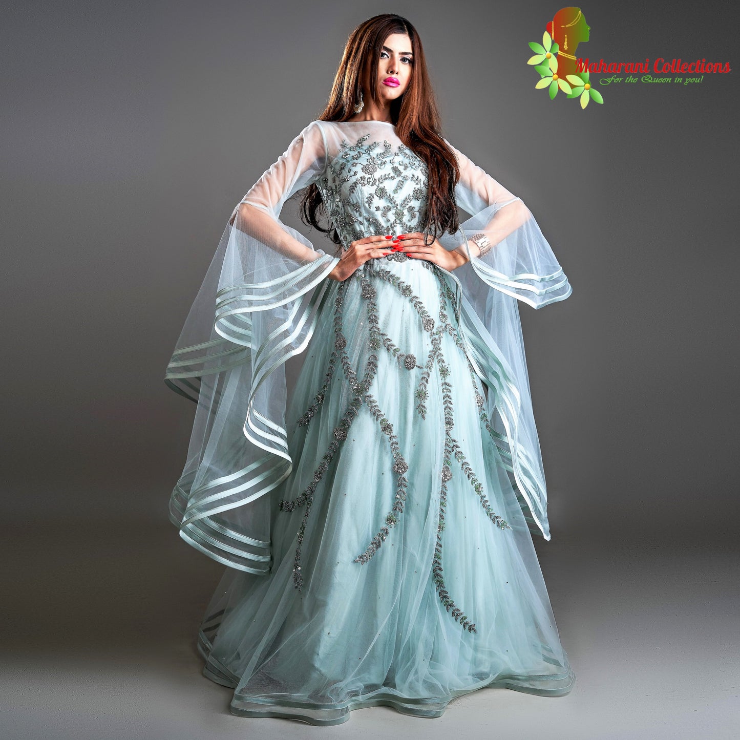Designer Ball (Princess) Gown - Light Sea Green with Net, Beads, Sequins and Thread Work