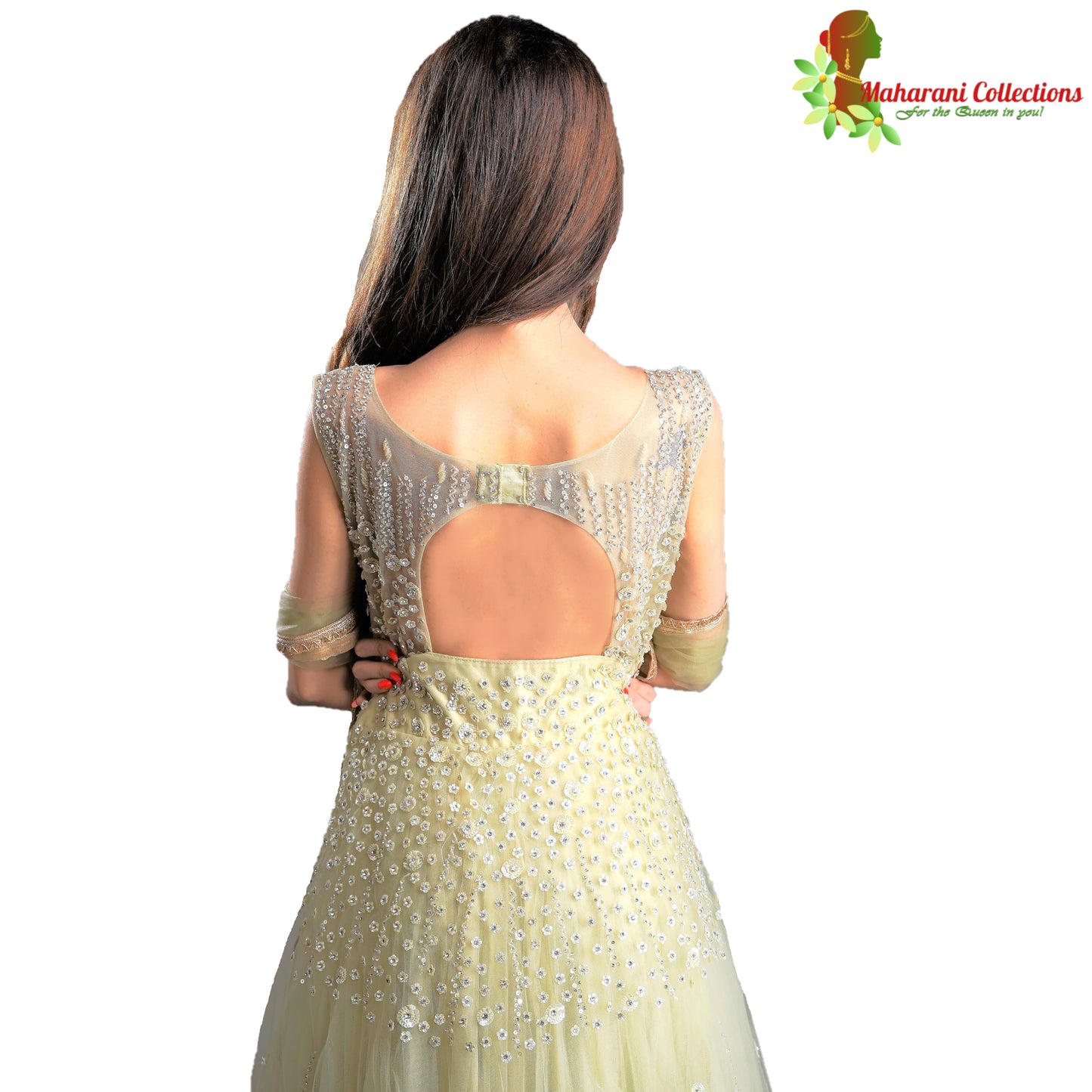 Designer Ball (Princess) Gown - Lemon Yellow with Stone and Sequins Work