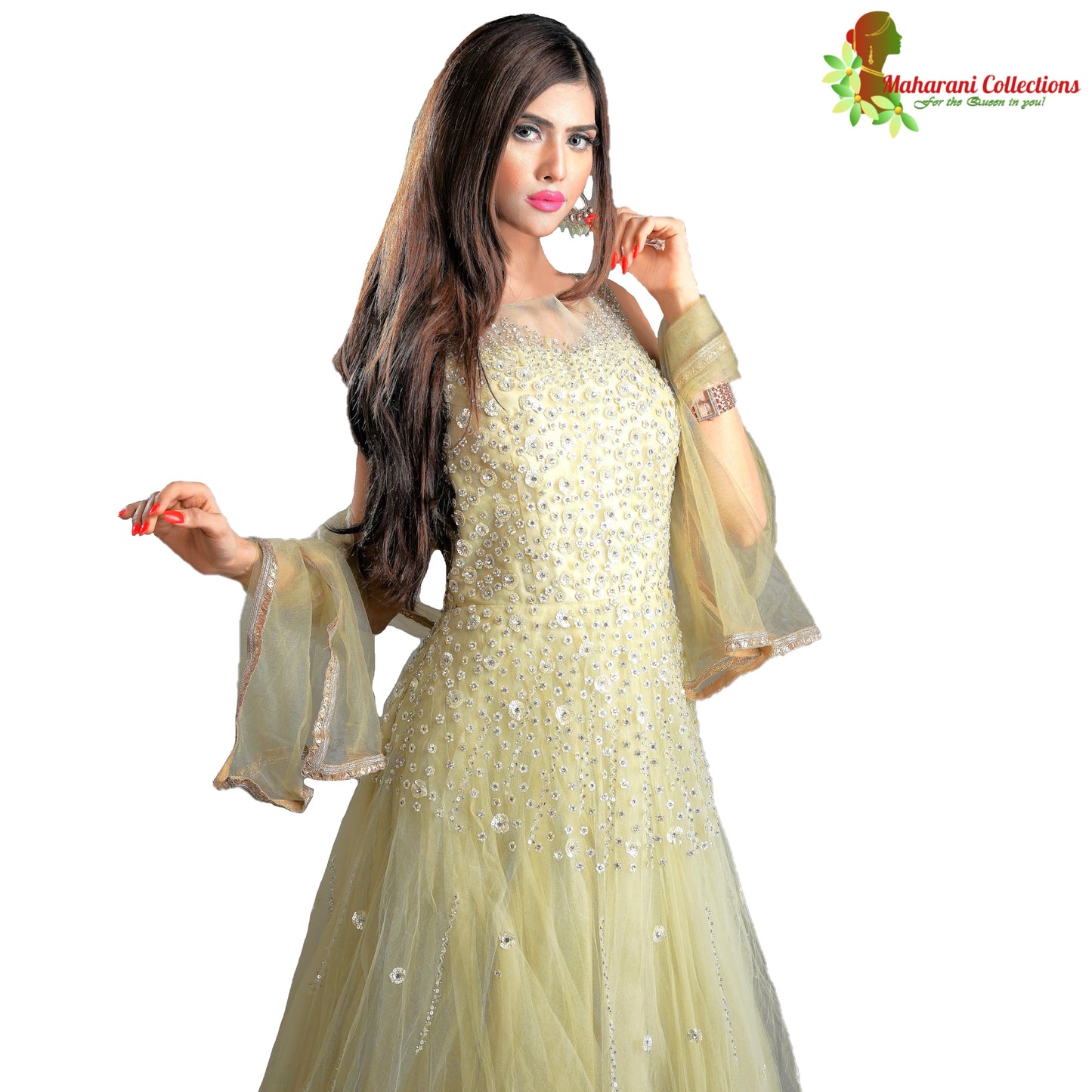 Designer Ball (Princess) Gown - Lemon Yellow with Stone and Sequins Work
