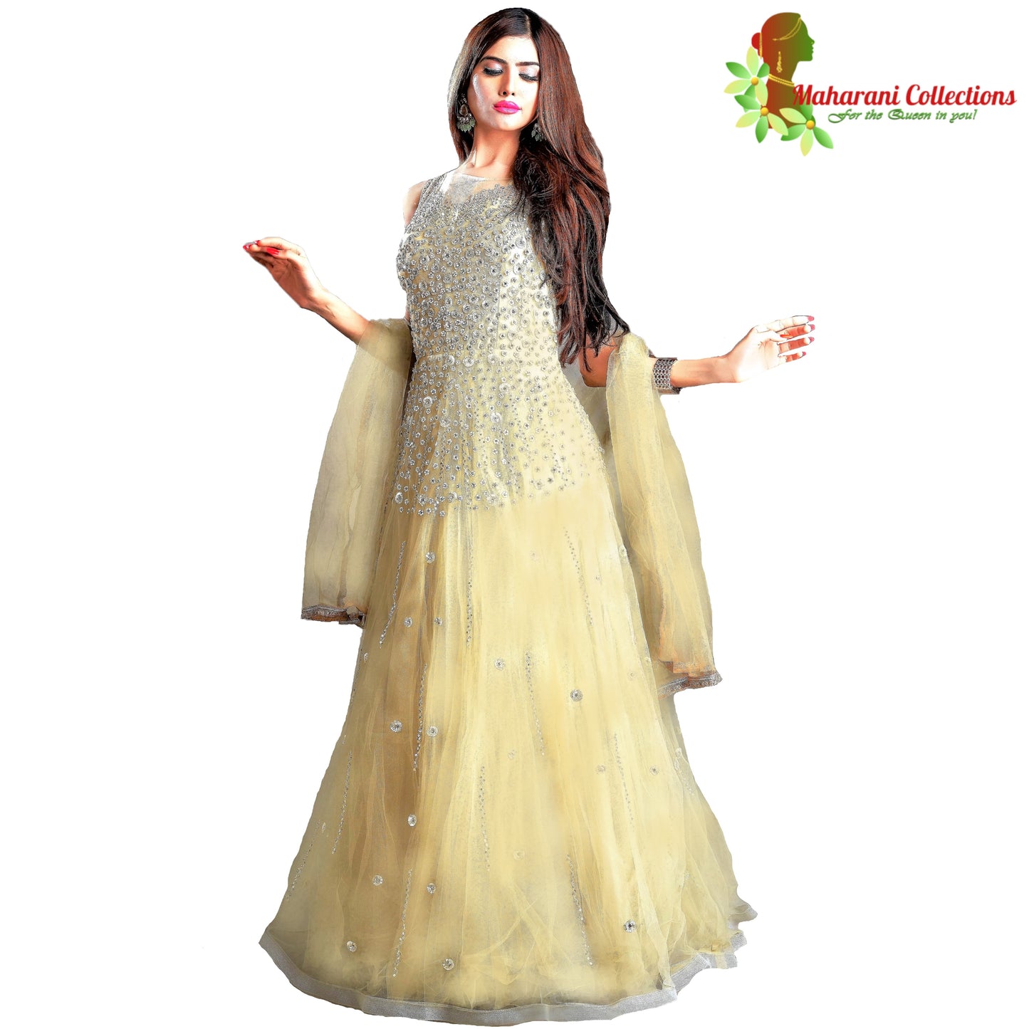 Designer Ball (Princess) Gown - Lemon Yellow with Stone and Sequins Work
