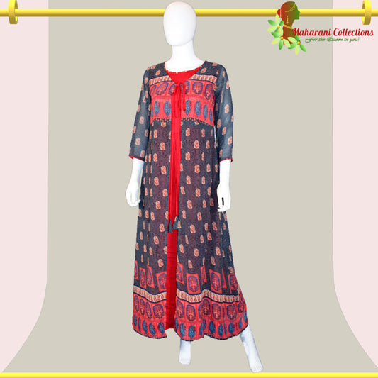 Georgette Long Evening Dress - Brown and Red (L)