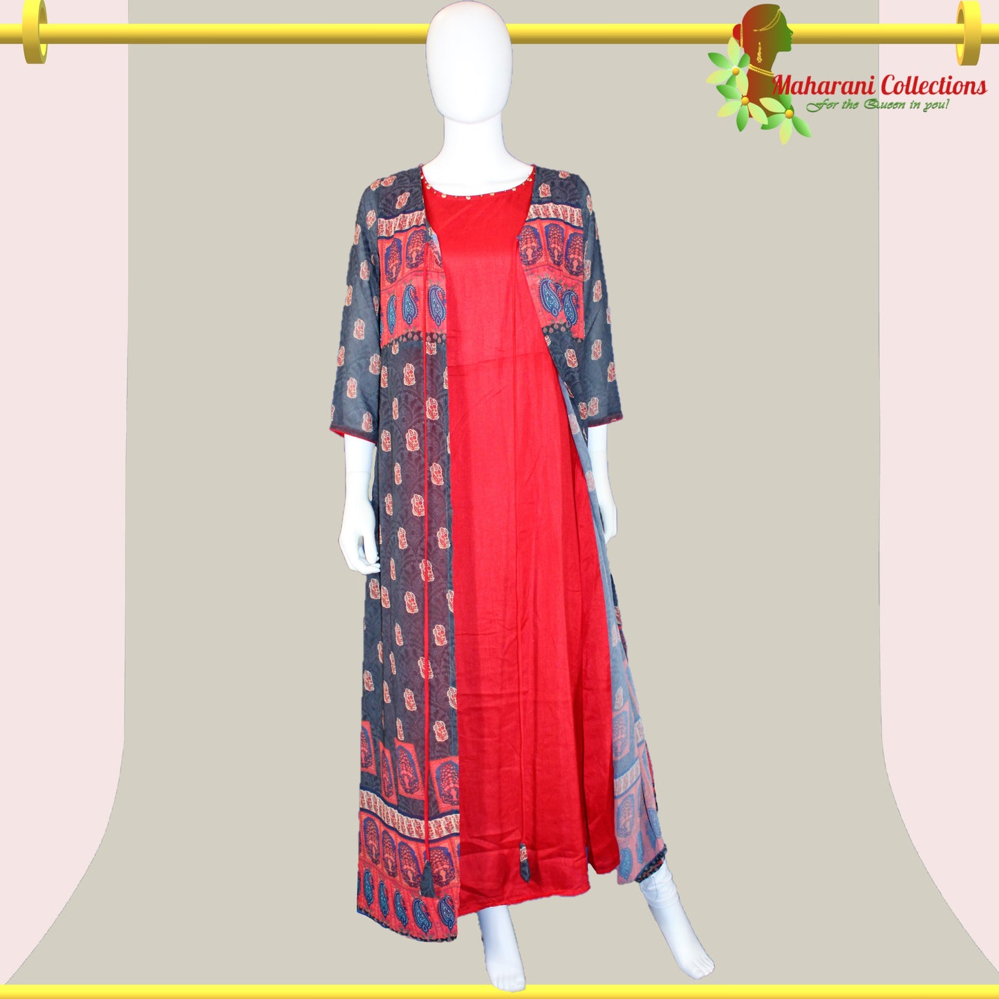 Georgette Long Evening Dress - Brown and Red (L)