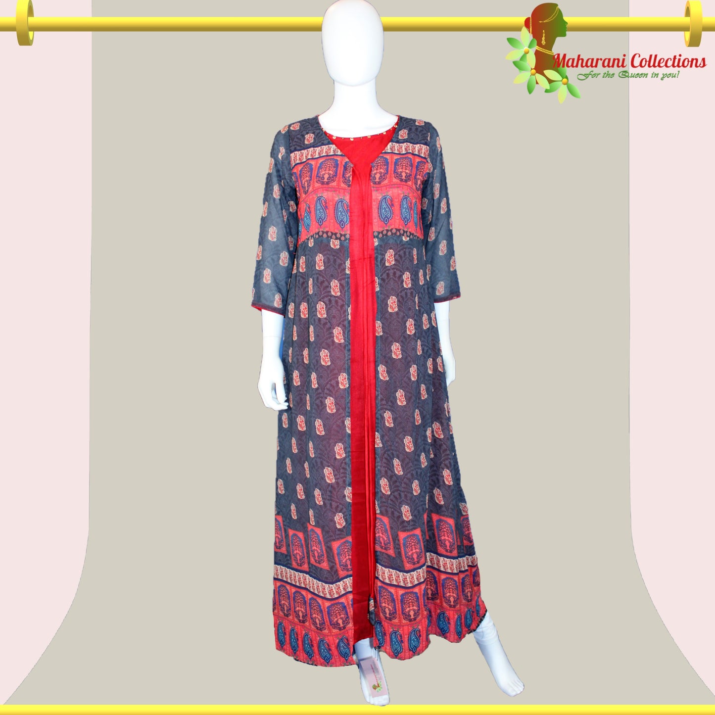 Georgette Long Evening Dress - Brown and Red (L)