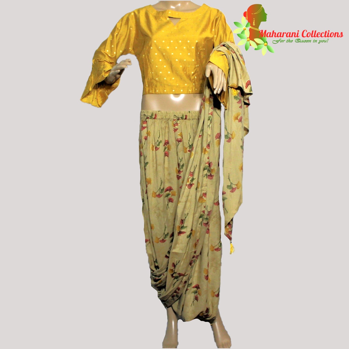 Maharani's Soft Cotton Stitched Dhoti-Top - Mustard Yellow (L)
