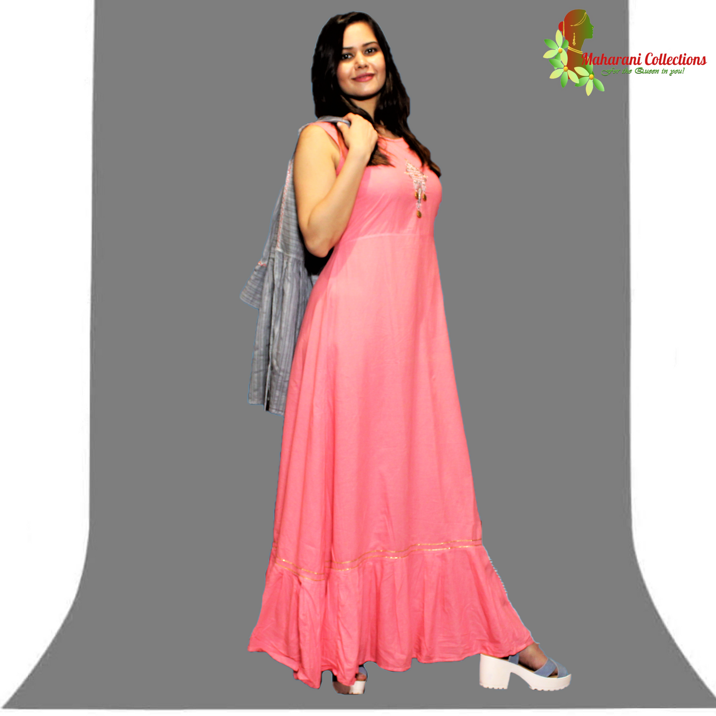 Maharani's Long Evening Dress - Solid Pink with Gray Jacket (L)