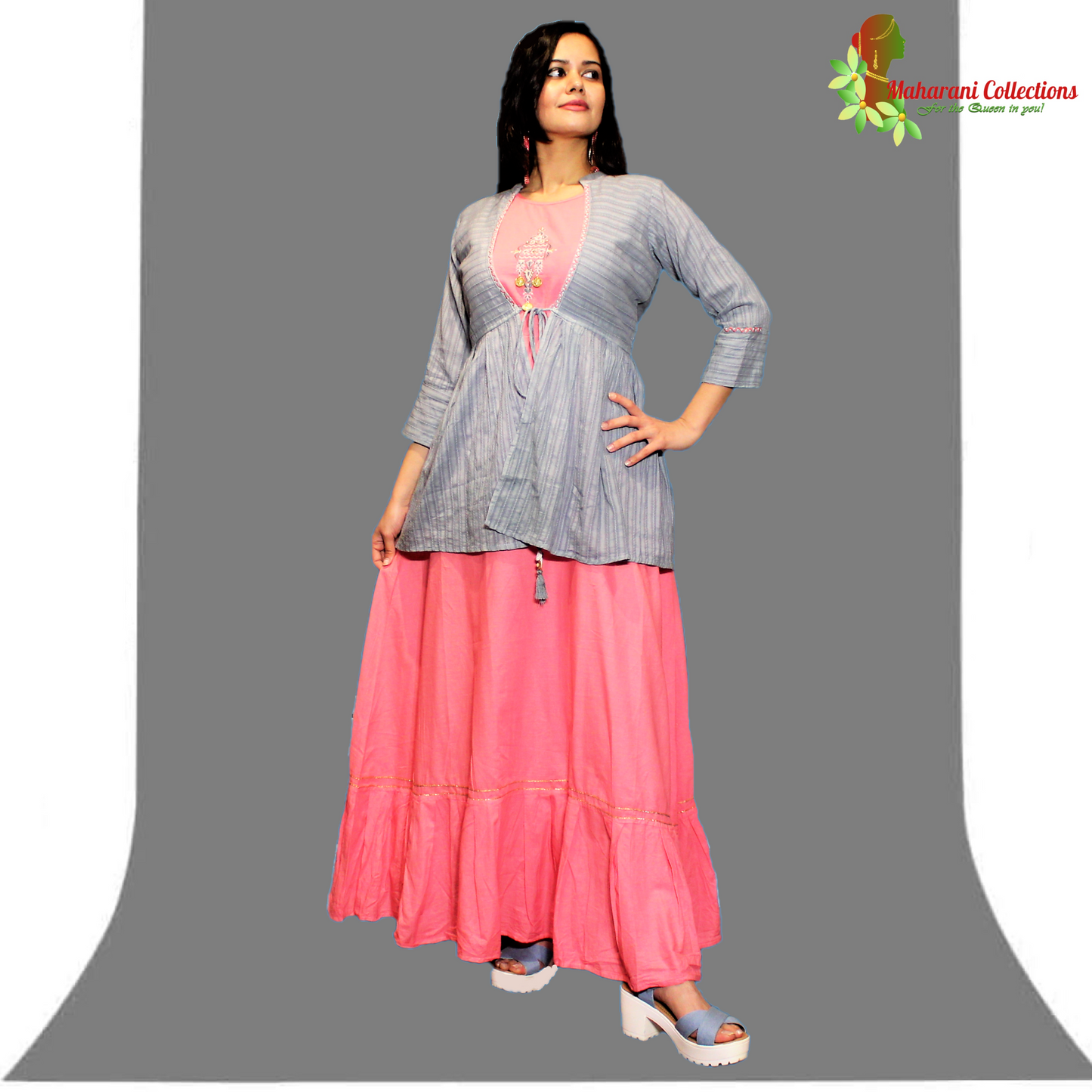 Maharani's Long Evening Dress - Solid Pink with Gray Jacket (L)
