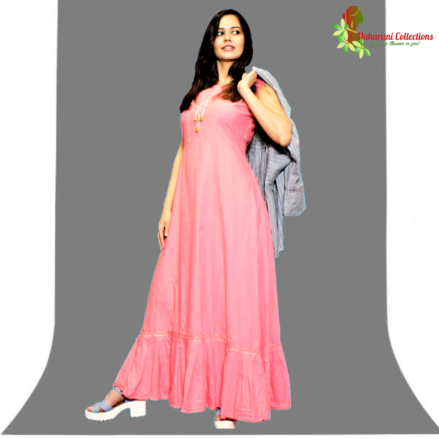 Maharani's Long Evening Dress - Solid Pink with Gray Jacket (L)