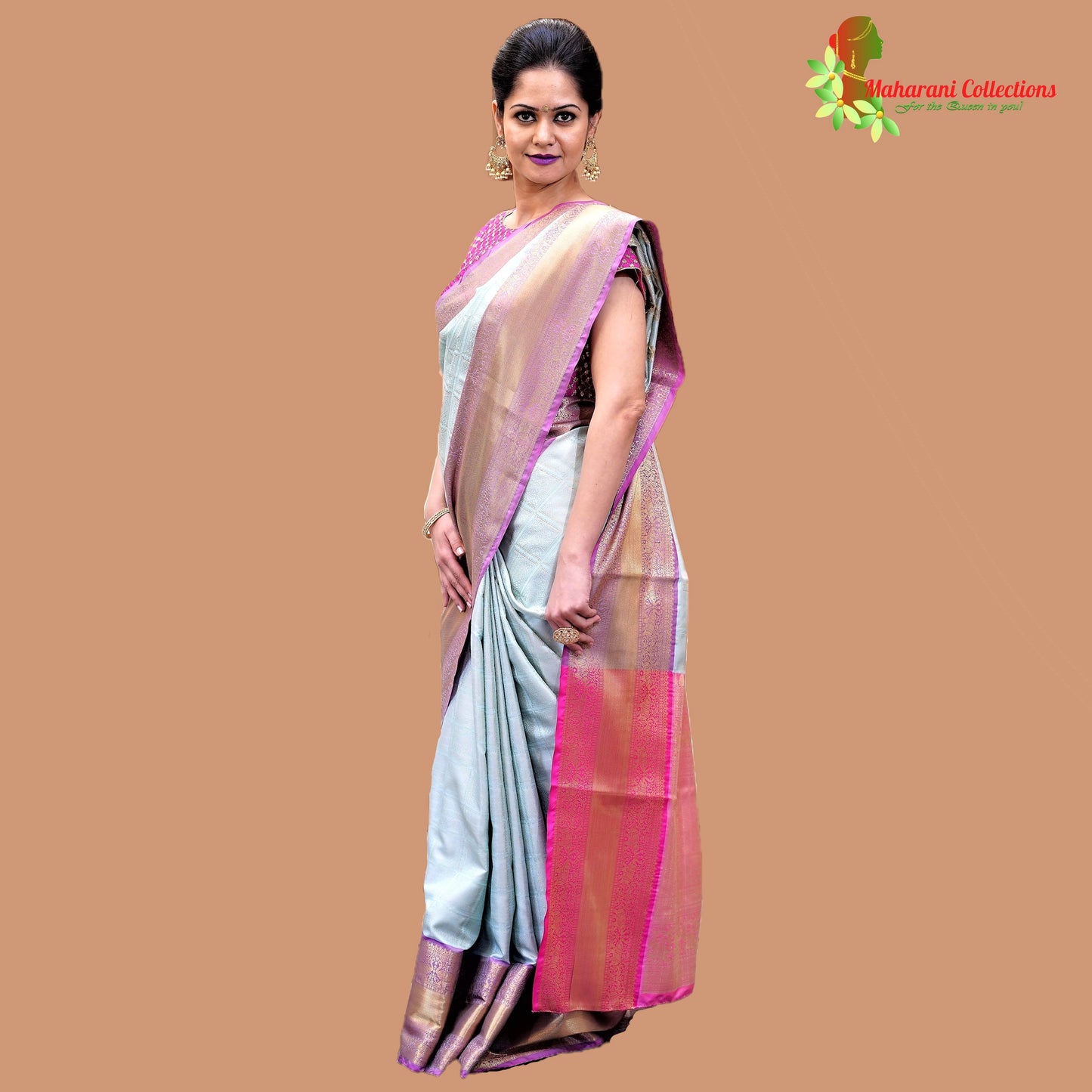 Maharani's Pure Handloom Kanjivaram Silk Saree - Blue and Pink with Golden Zari Work