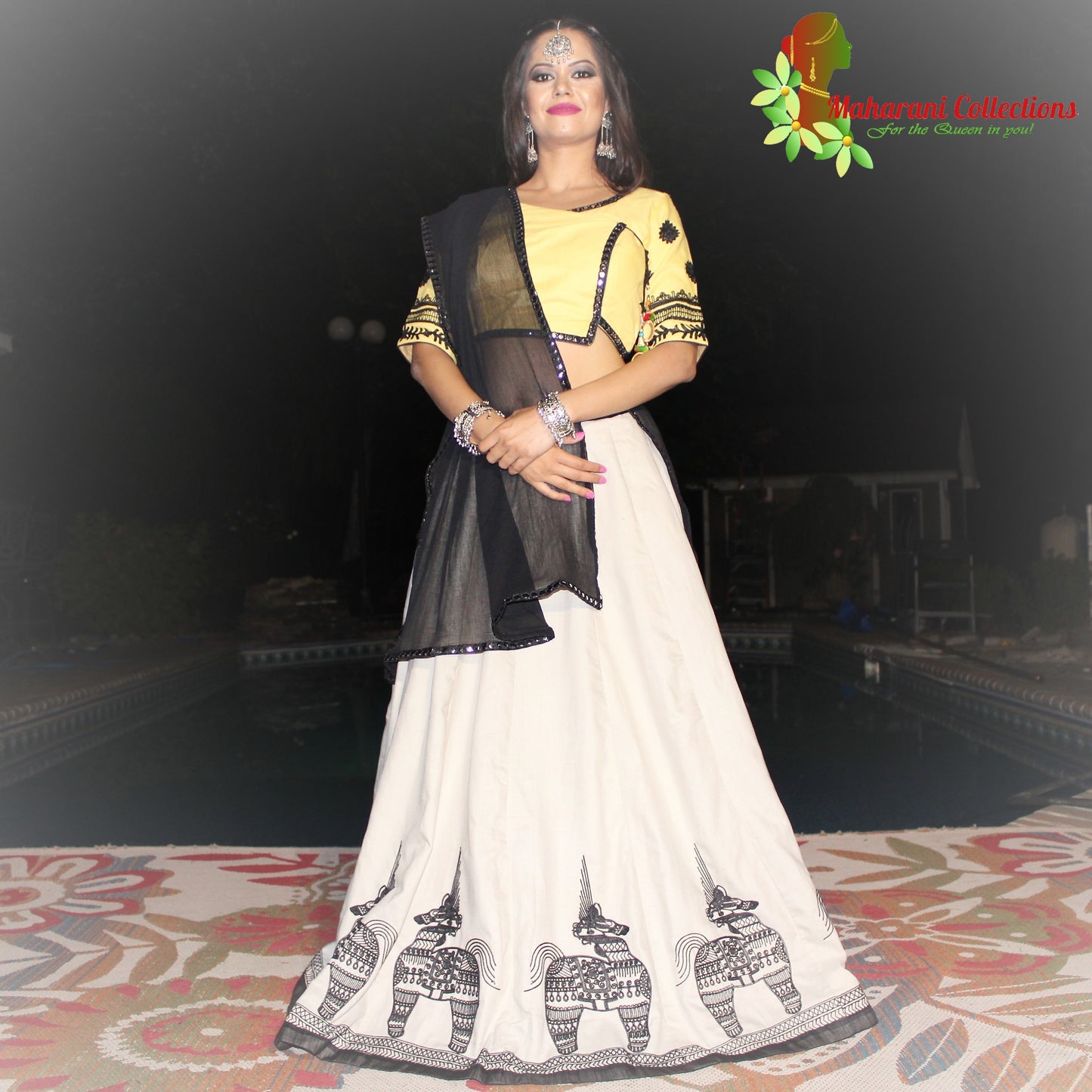 Maharani's Festive Chania Choli with Dupatta - Yellow/White (M)
