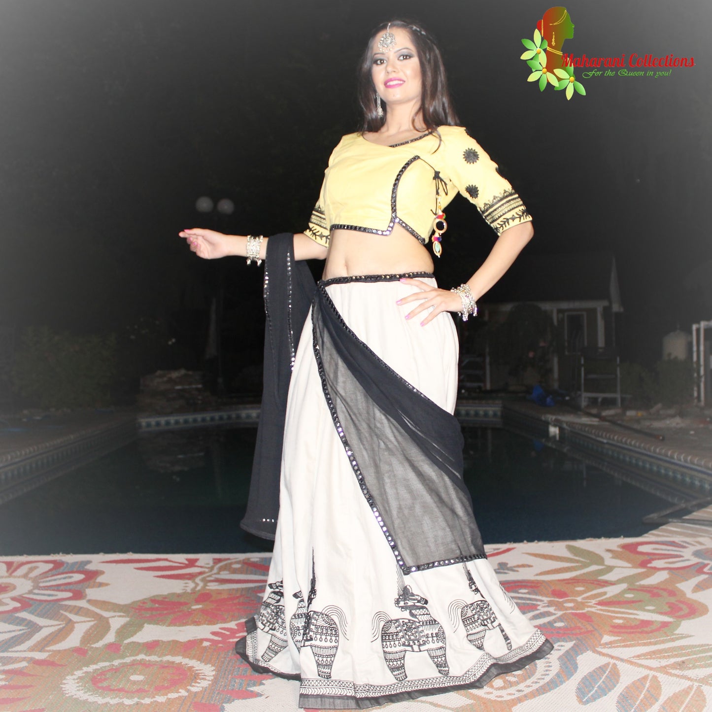 Maharani's Festive Chania Choli with Dupatta - Yellow/White (M)