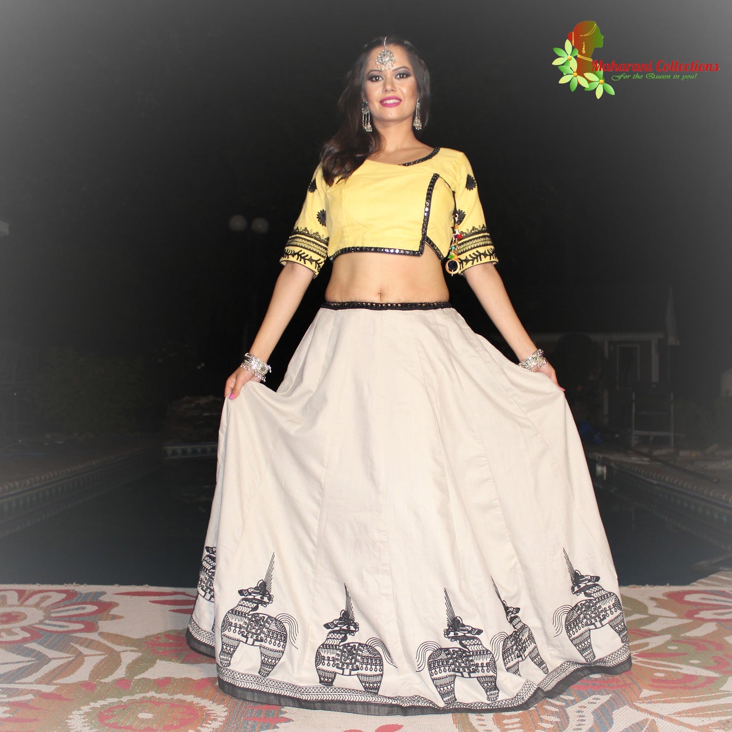 Maharani's Festive Chania Choli with Dupatta - Yellow/White (M)