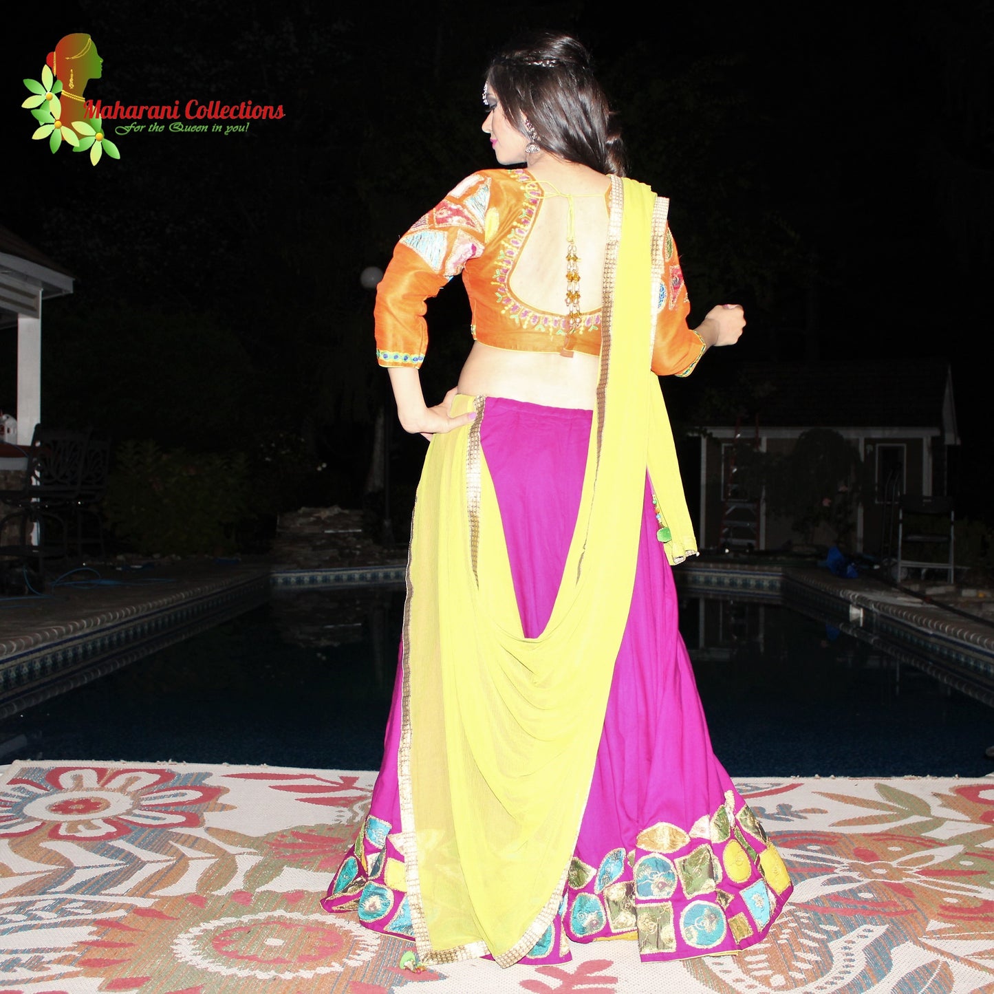 Maharani's Festive Chania Choli with Dupatta - Magenta/Orange (M)