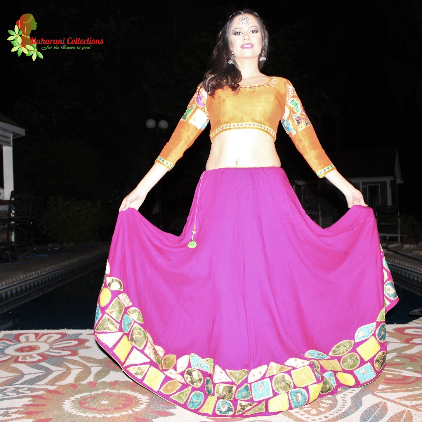 Maharani's Festive Chania Choli with Dupatta - Magenta/Orange (M)