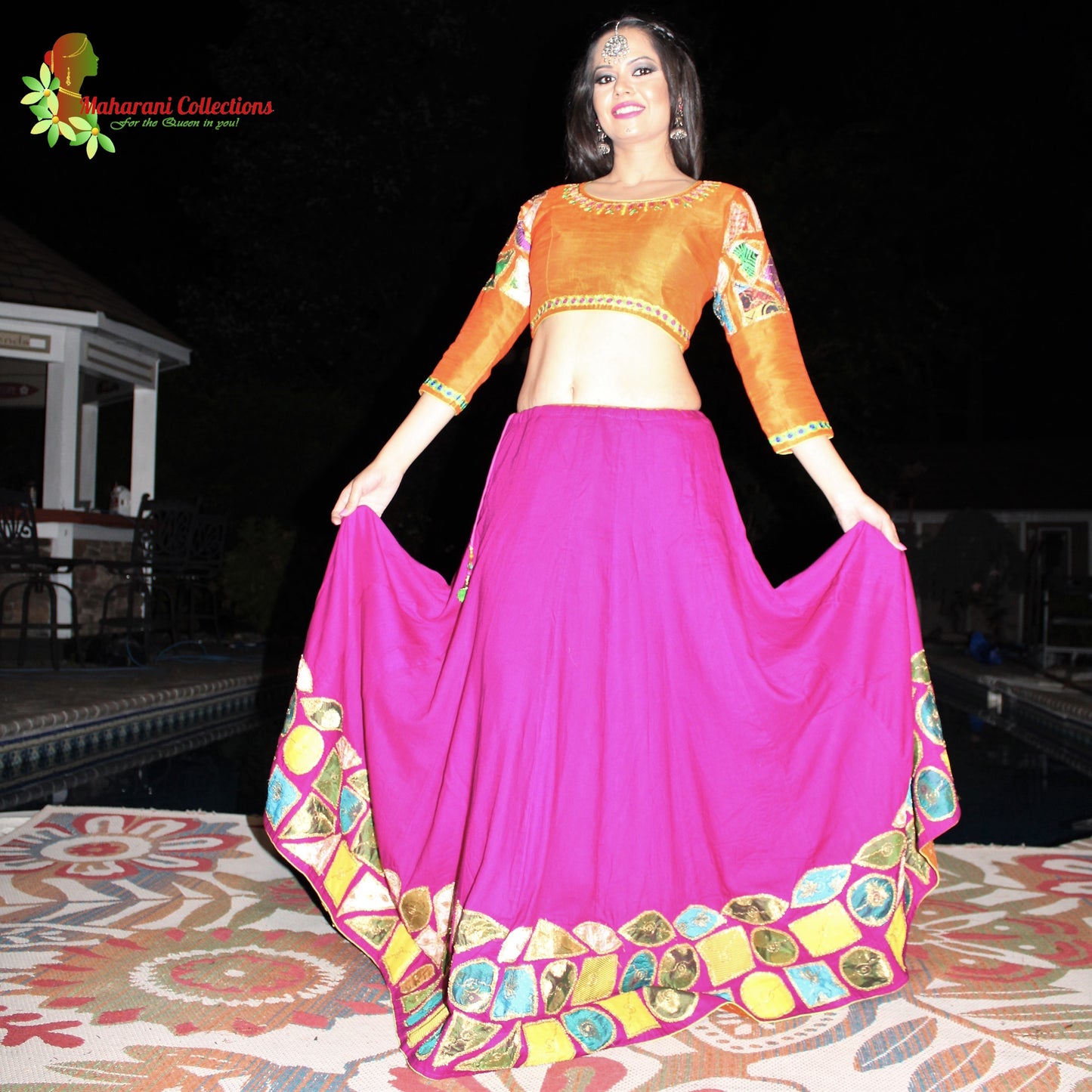 Maharani's Festive Chania Choli with Dupatta - Magenta/Orange (M)