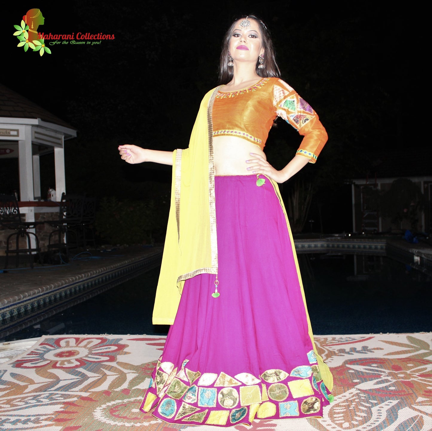 Maharani's Festive Chania Choli with Dupatta - Magenta/Orange (M)