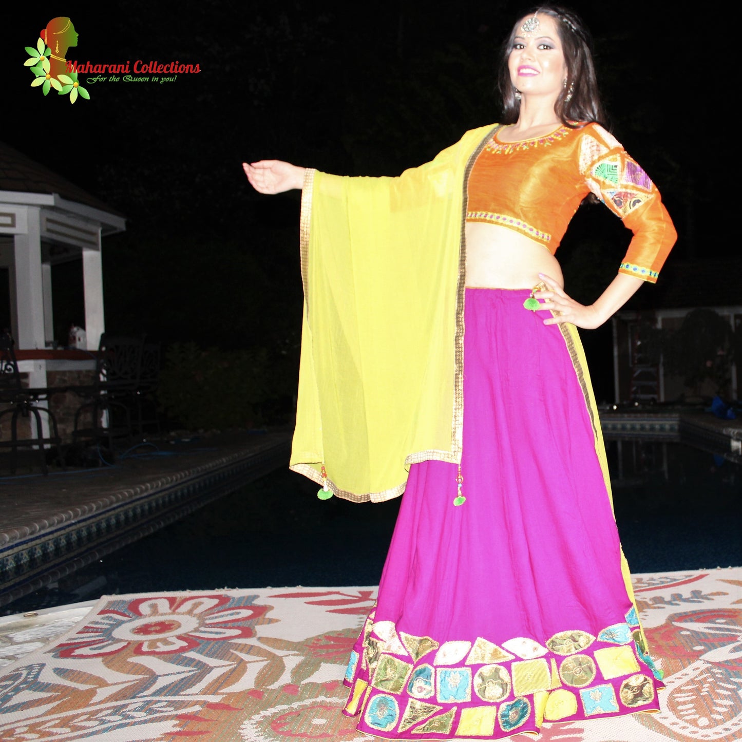 Maharani's Festive Chania Choli with Dupatta - Magenta/Orange (M)