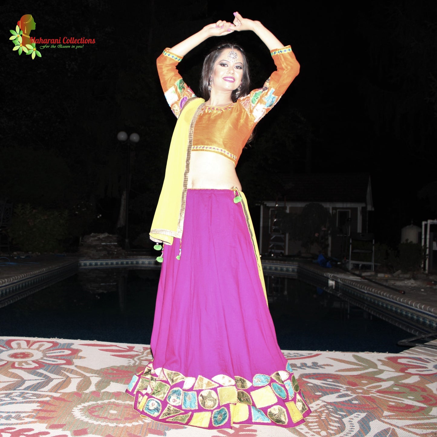 Maharani's Festive Chania Choli with Dupatta - Magenta/Orange (M)