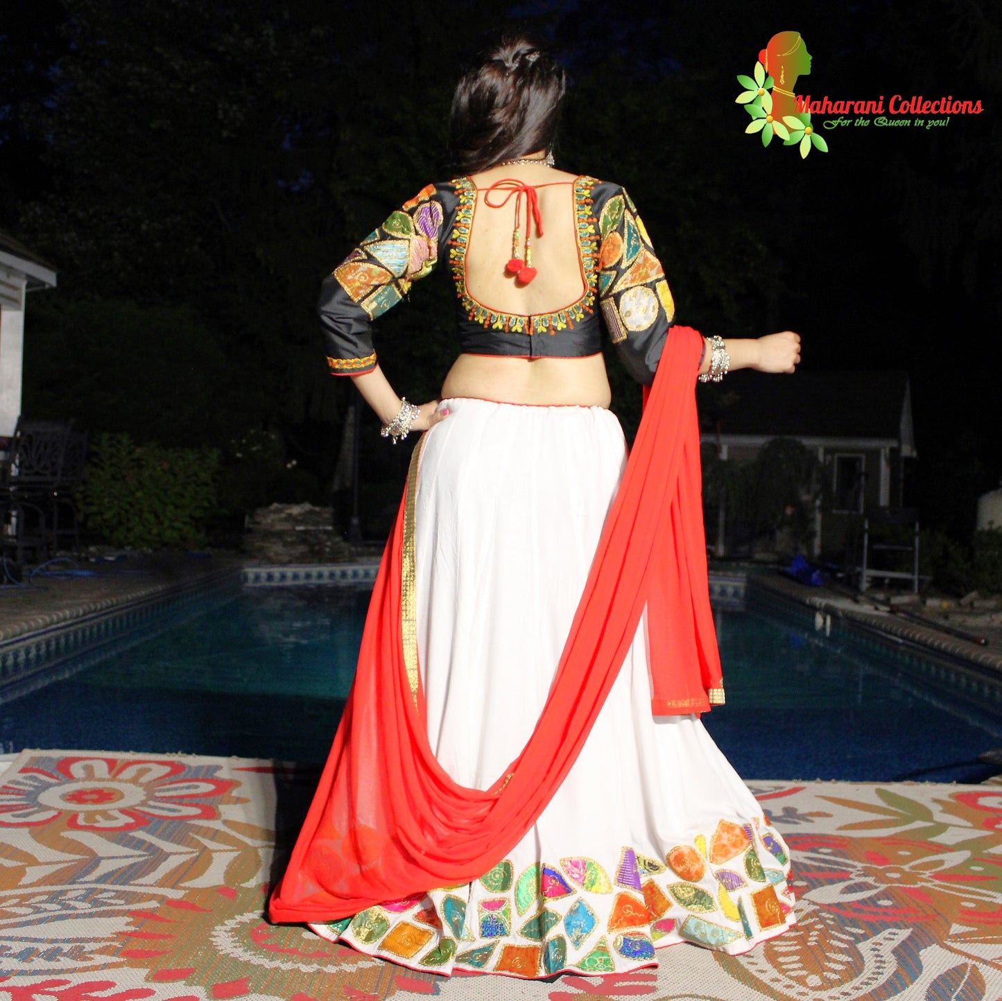 Maharanis Festive Silk Chania Choli with Dupatta - Red/White/Black (M)