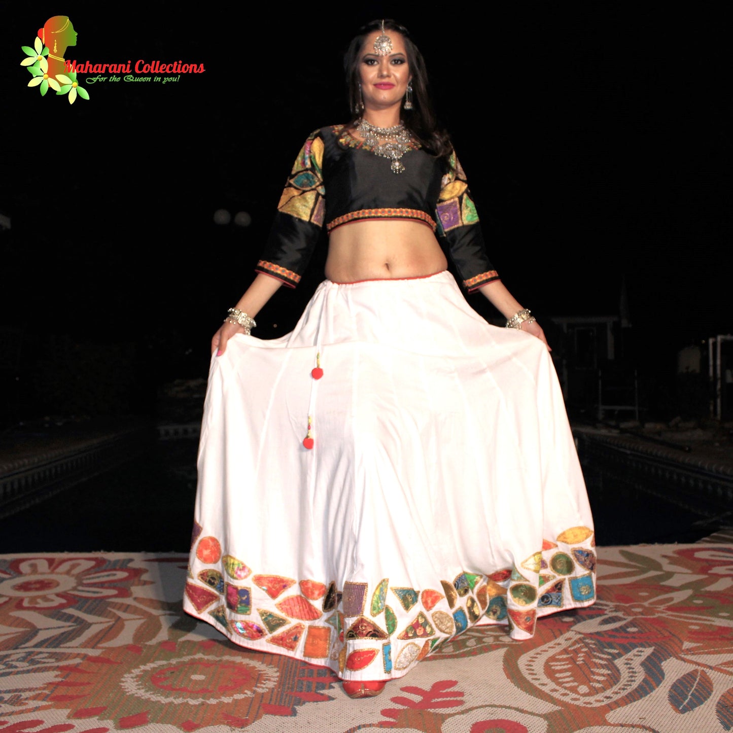 Maharanis Festive Silk Chania Choli with Dupatta - Red/White/Black (M)