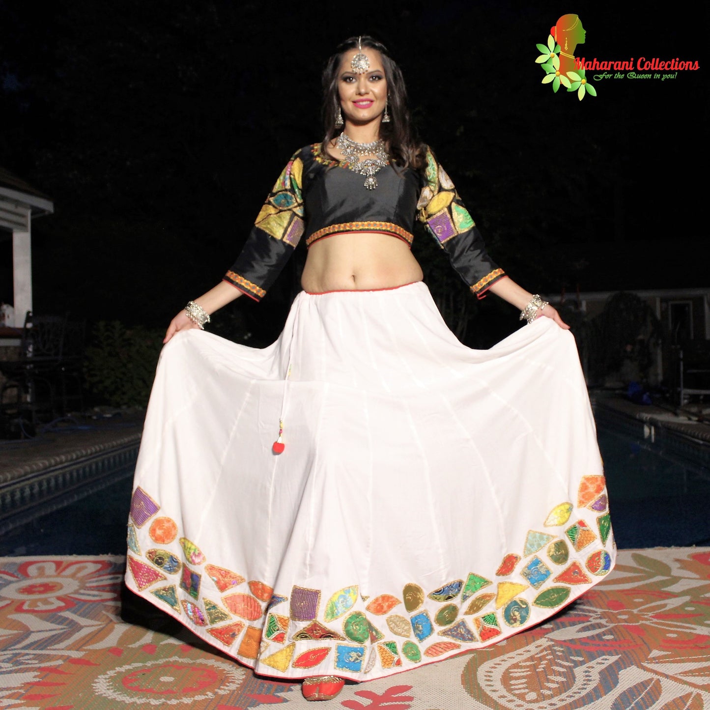 Maharanis Festive Silk Chania Choli with Dupatta - Red/White/Black (M)