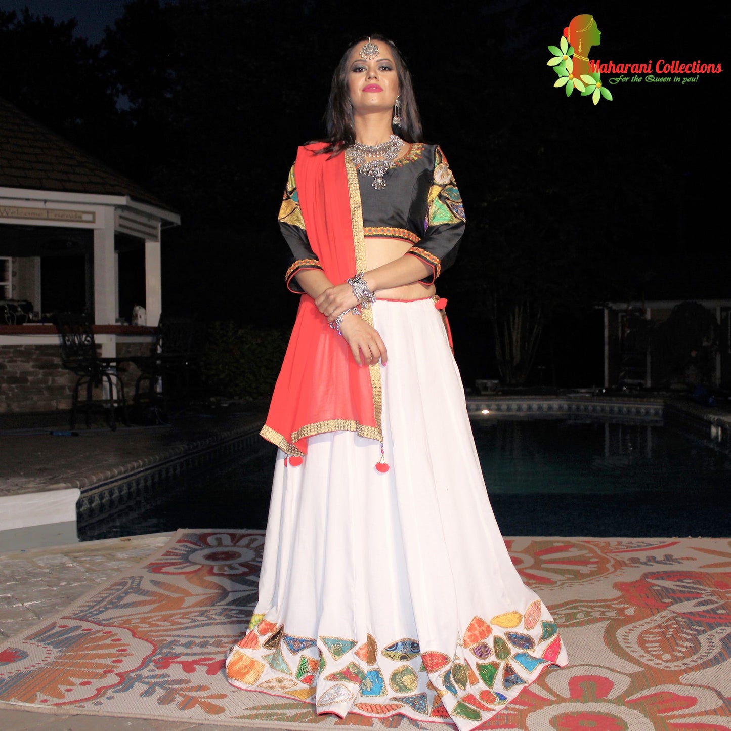 Maharanis Festive Silk Chania Choli with Dupatta - Red/White/Black (M)