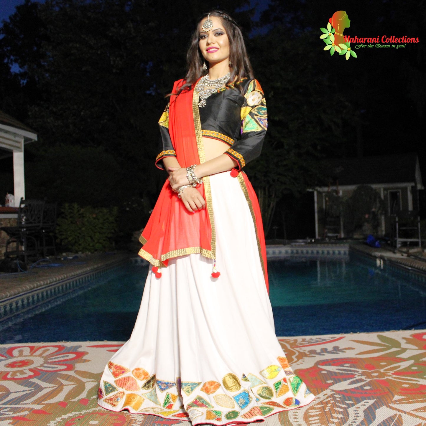 Maharanis Festive Silk Chania Choli with Dupatta - Red/White/Black (M)