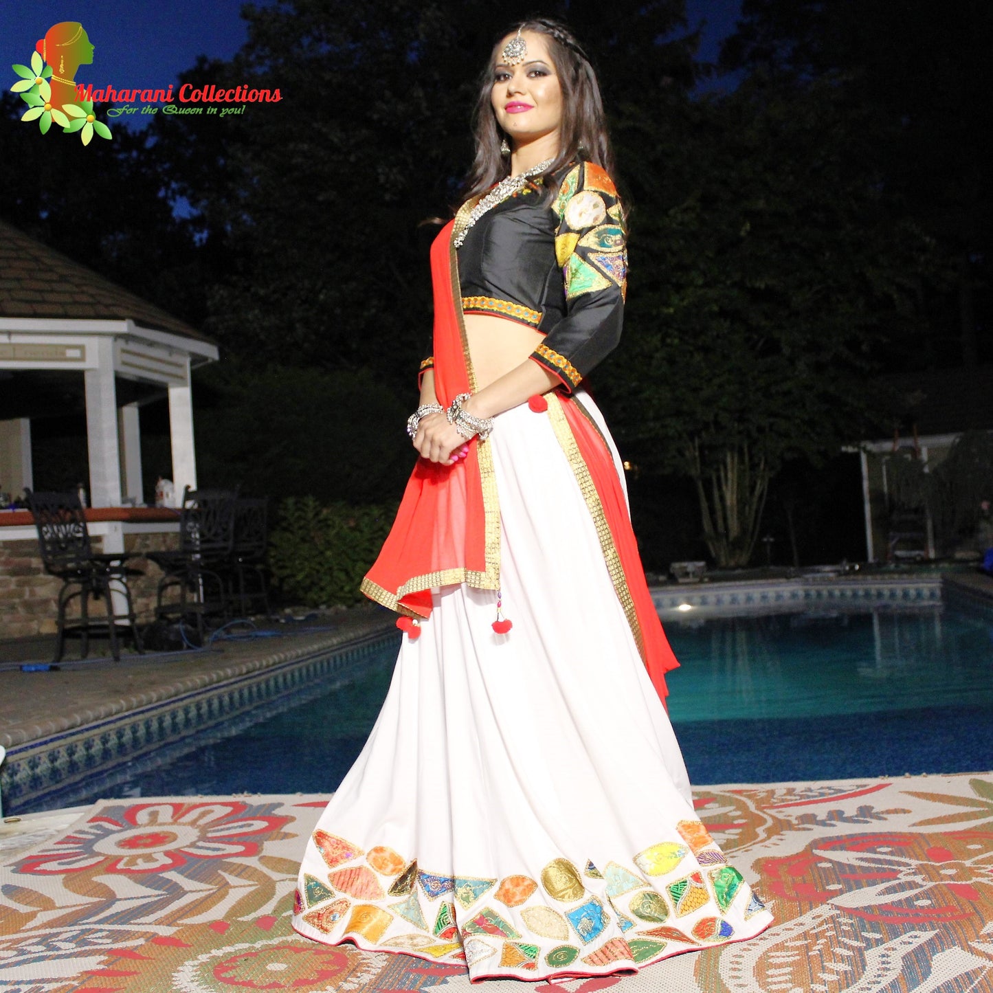 Maharanis Festive Silk Chania Choli with Dupatta - Red/White/Black (M)