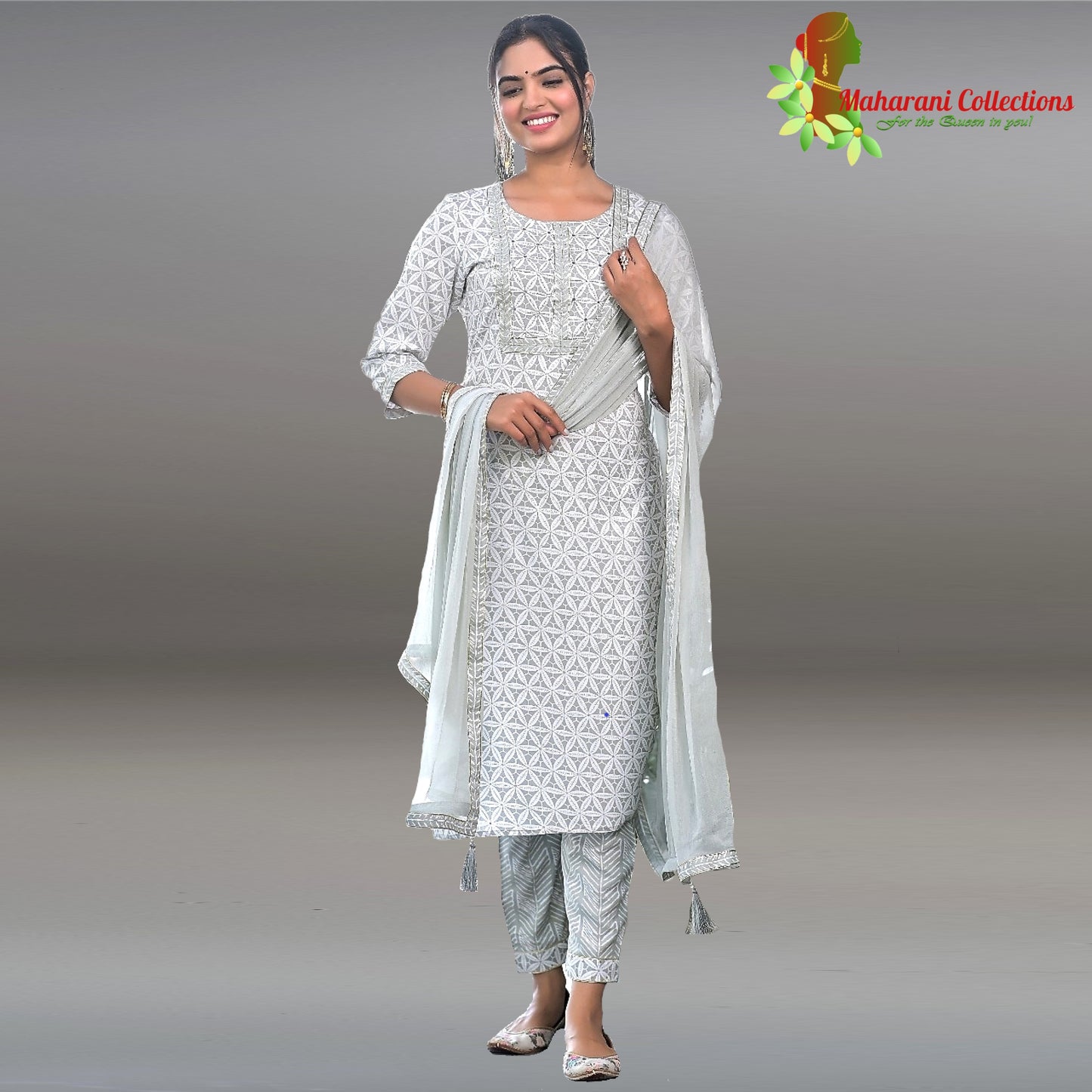 Maharani's Suit with Pants and Dupatta- Pure Muslin Silk - Grey (M)