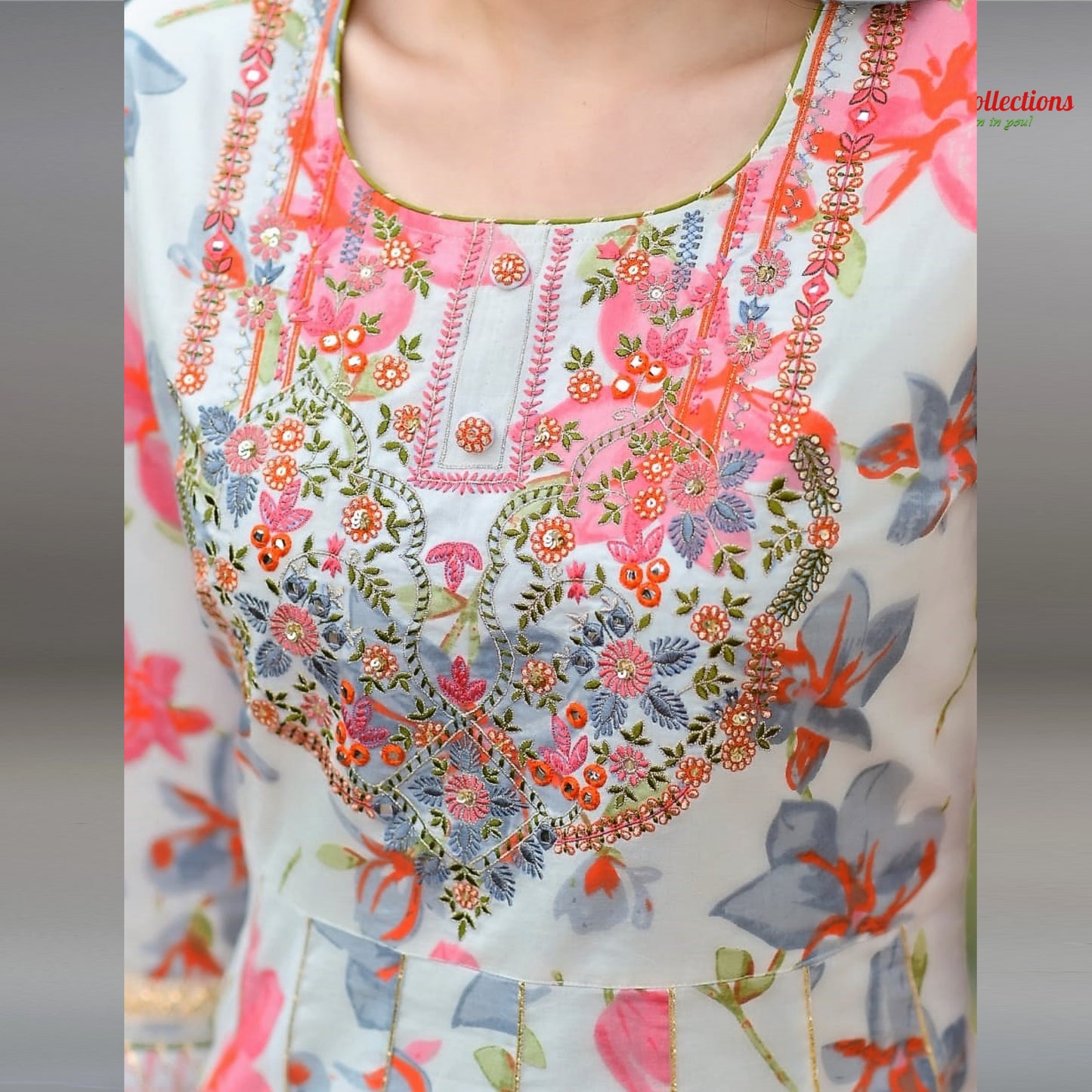 Maharani's Anarkali Suit - White Floral (M) - Pure Muslin Silk