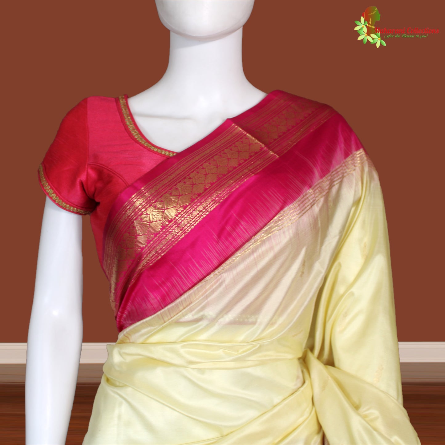 Maharani's Pure Banarasi Silk Saree - Cream (with stitched Petticoat)