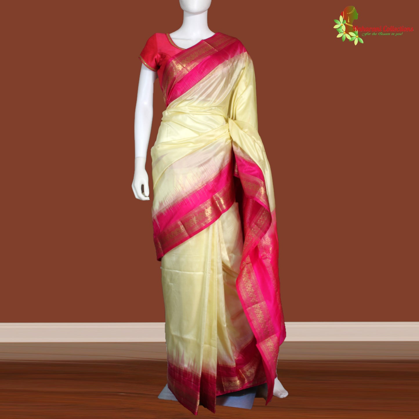 Maharani's Pure Banarasi Silk Saree - Cream (with stitched Petticoat)