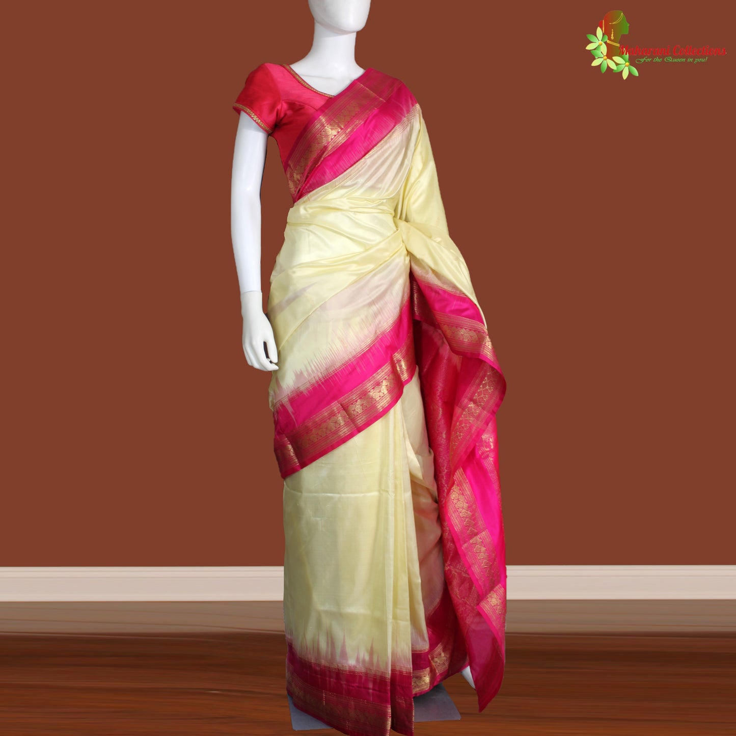 Maharani's Pure Banarasi Silk Saree - Cream (with stitched Petticoat)