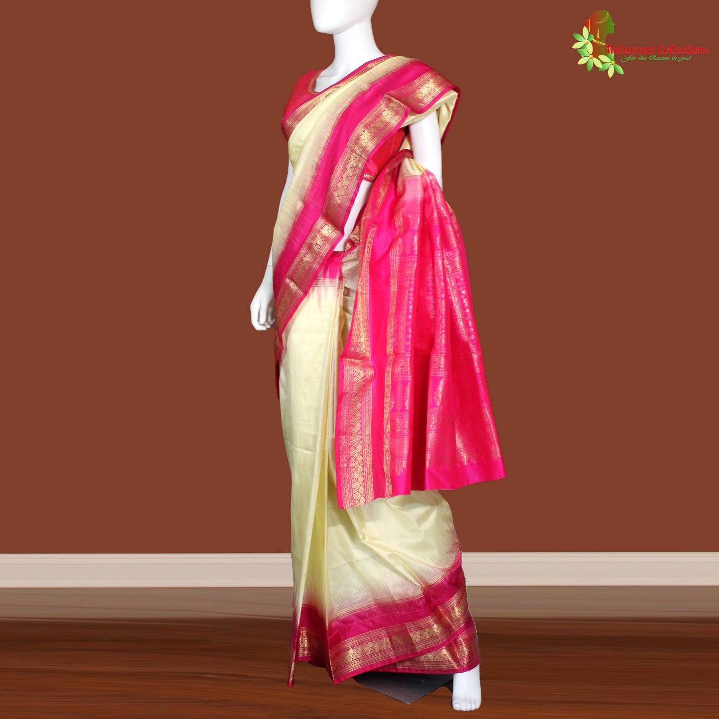 Maharani's Pure Banarasi Silk Saree - Cream (with stitched Petticoat)